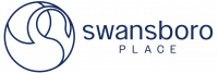Navy blue outline of a swan with the text “swansboro PLACE” in lowercase, modern font on a light background.